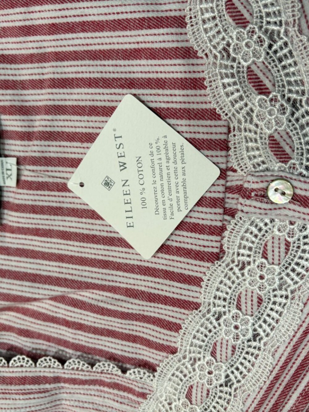 NWT Eileen West Brushed Flannel Red Berry Ticking Stripe Lace Trim Nightgown  XL - Picture 7 of 7